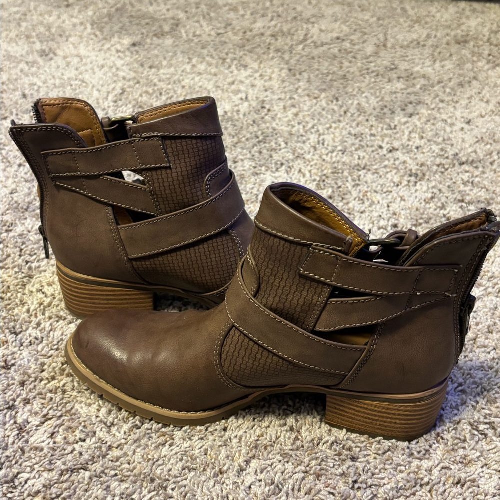 Women's Brown Strappy Ankle Booties with Low Stacked Heel